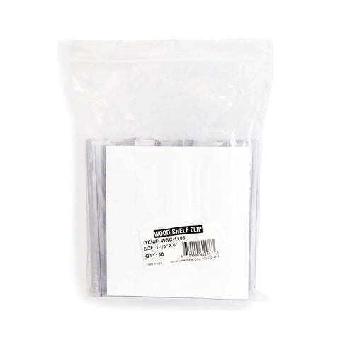 Slick Clear Plastic Shelf Clip Label Holders Fits One Inch Thick Racks No Sweat Installation Pack of ten in a sealed bag.