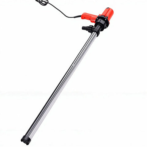 Eujgoov Electric Drum Pump For 200L And 220L Containers Fast Liquid Transfer 60 To 75 Liters Per Minute With 6 Gear Speeds For Workshops And Industrial Use Efficient Handheld Design, featuring a sleek tube and red motor.