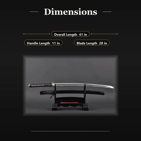 Real Deal Aluminum Iaito Training Katana for Iaido Practice unsharpened 28 inch blade on display stand with dimensions listed