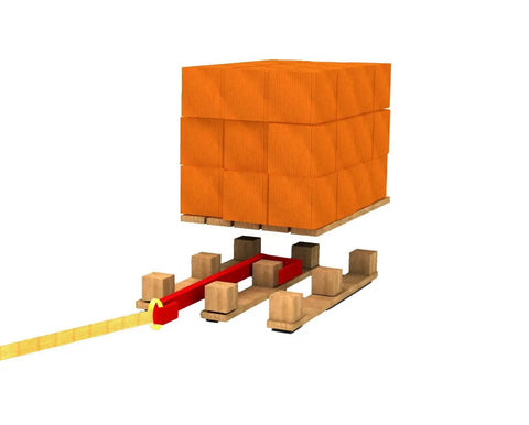 Heavy Duty Pallet Puller Bar With Three Point Seven Meter Strap Designed For Forklifts Featuring A Rugged Steel Hook And Thick Polyester Webbing, moving a pallet with orange box.