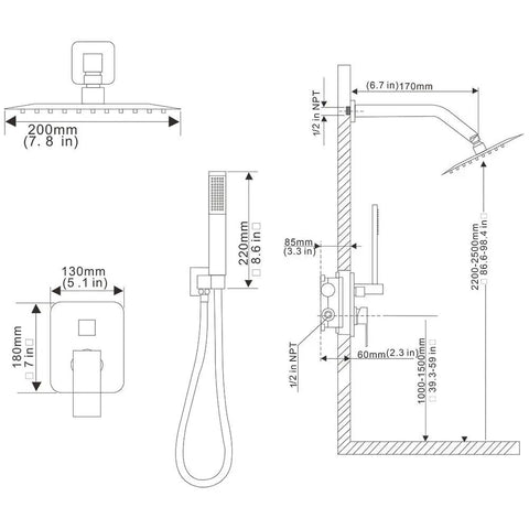 Level Up Your Daily Wash With This Matte Black Shower System Featuring An 8 Inch High Pressure Rain Head And Handheld Wall Mount Faucet Set With Rough In Valve Trim For A Smooth Install That Hits Different dimensions diagram