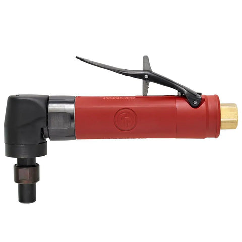 Heavy Duty Industrial Air Angle Die Grinder With A Compact Half Horsepower Motor And One Quarter Inch Collet side view with lever and rubber grip.