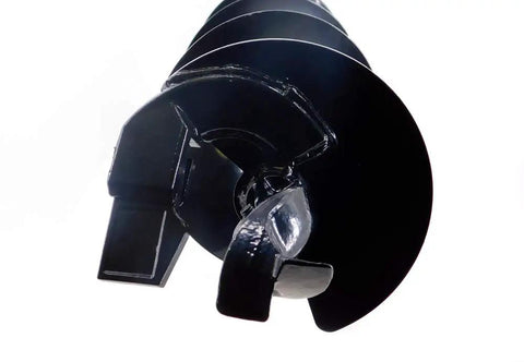 Close-up of 6 inch post hole auger bit for gas power head attachments, steel build, showing blade detail, ideal for one-man diggers.