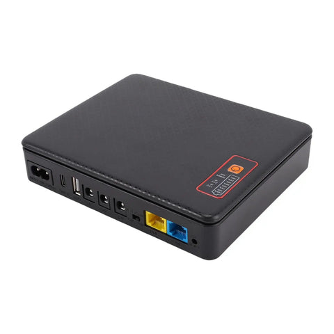 Mini Ups With 16000mAh Battery Backup For Routers And Modems US Plug, black compact unit with multiple ports and buttons.
