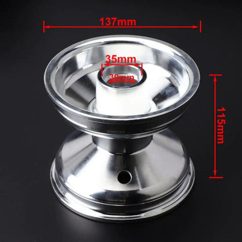 Race Ready 5 Inch Front Bearing Wheel Hub With 115mm Aluminum Rim in polished finish, dimensions labeled