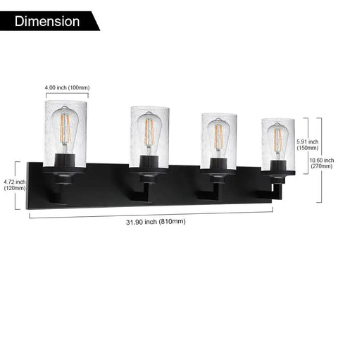 Dimensional diagram of Dope Matte Black Bath Vanity Light With Seeded Glass Shade Modern Wall Mounted Sconce.