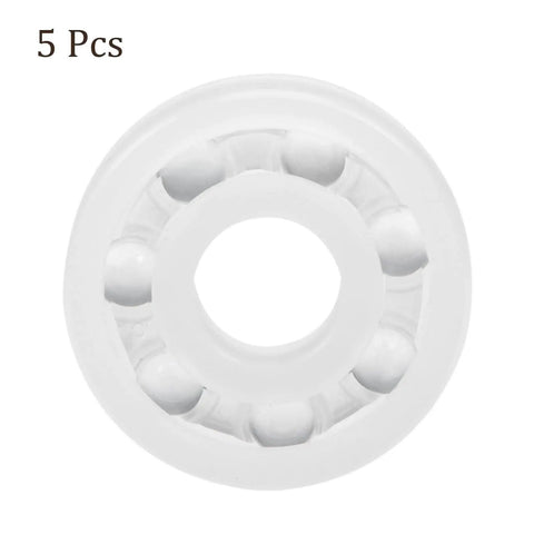 Five Pack Of 608 Open Style Single Row Bearings Measuring 8X22X7Mm with smooth plastic casings and glass balls.