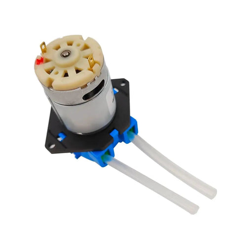 Close-up of Adjustable 12 Volt 5 Watt Peristaltic Dosing Pump motor with connectors and tubing for precise liquid metering.