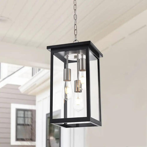 3 Light Outdoor Pendant Light Fixture In Black And Brushed Nickel Finish With Clear Glass Hanging on Patio Porch