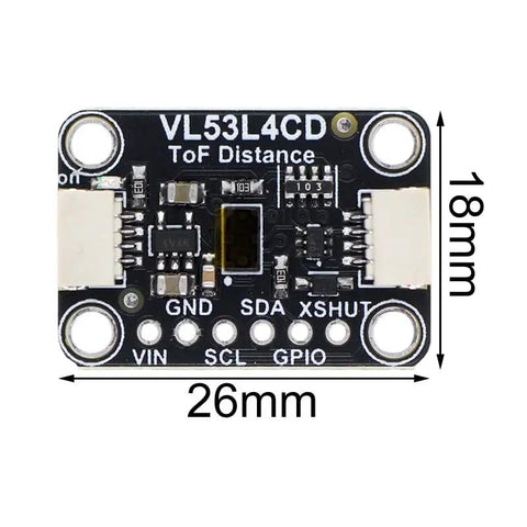 Time Of Flight Distance Sensor Module With I2C Interface 0 To 1300 mm Range Breakout For Robotics Drones And Smart Devices Highly Accurate Short Range To Moderate Range Measurement shown with dimensions 26x18mm.
