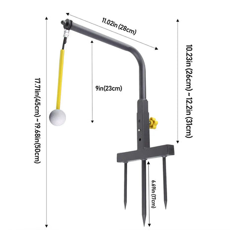 Golf Swing Trainer Adjustable Height Alignment Stand for Golfers Men Practice Aid with dimensions on white background