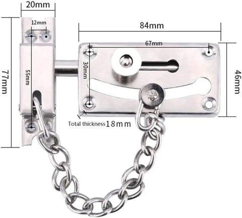 Real Deal Stainless Steel Door Security Chain With Deadbolt Stops, dimensions 84mm x 67mm, durable and corrosion resistant.