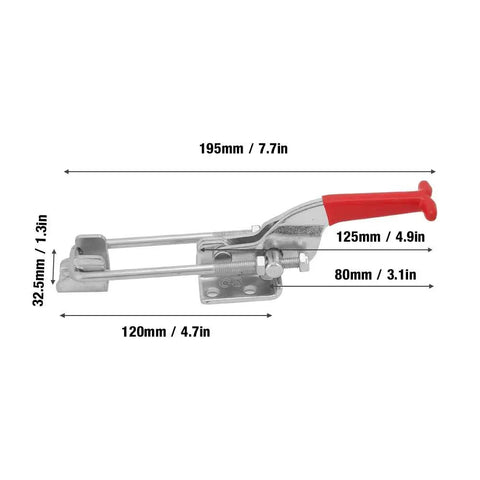 Built Like A Tank Carbon Steel Toggle Clamp With Quick Release Latch Action For Welding Woodworking Jig Assembly Featuring Triangular Gripping Lever Handle 120 Millimeter side view image displaying dimensions.