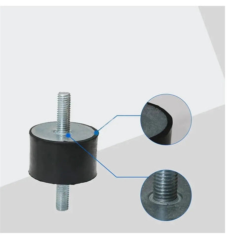 Heavy Duty Rubber Shock Absorber Mount With Metric Male To Male Rod Threads bobbin damper with silver metal rod and black rubber.