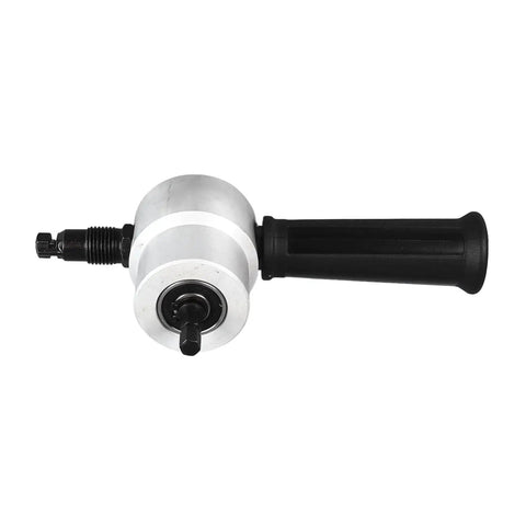 Super Fast Double Head Sheet Metal Nibbler Drill Attachment showing aluminum body and black handle for easy grip.