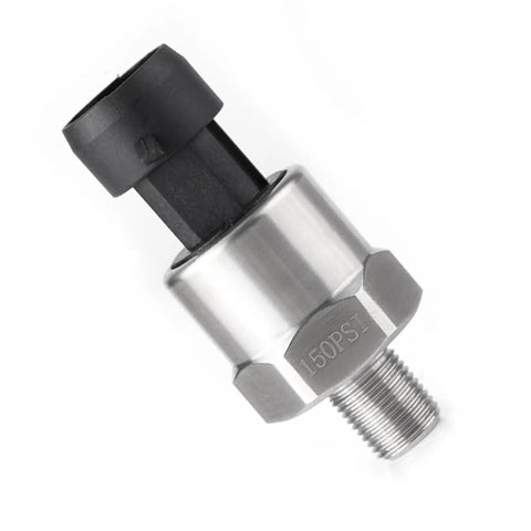 Top Notch 150 PSI Pressure Transducer Sensor With One Eighth NPT Thread in stainless steel, front view.