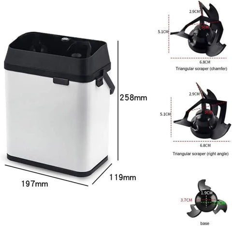 Electric Coffee Portafilter Cleaner With Built In Knock Box For Espresso Stations, 258mm tall, sleek white and black design.