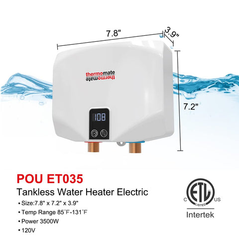 Mini Tankless Electric Water Heater 3.5kW 110 to 120V Point Of Use On Demand Instant Hot Water For Sink Wall Mounted With LED Display ETL Certified ET035 White showing dimensions and features