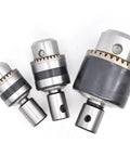 Light Duty Drill Chuck Set With Arbor Adapter For B10 B12 B16 B18, showing three metal chucks of varying sizes