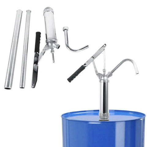 Heavy Duty Lever Action Barrel Drum Pump For Oil Transfer with attachments on blue drum for manual fluid extraction.
