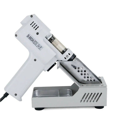 Powerful 110V Desoldering Solder Sucker Gun with 100W Heating, fast warm-up, super strong suction, in side view with stand