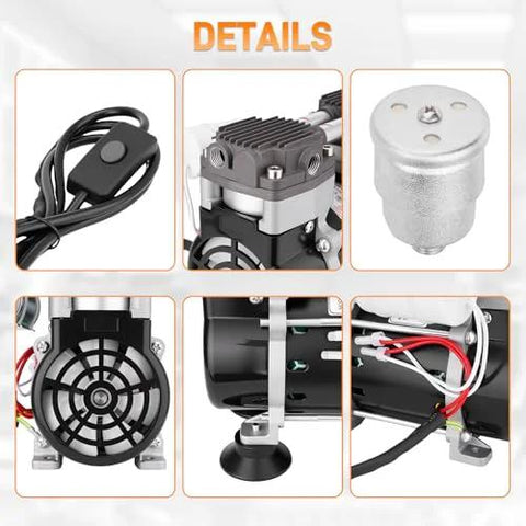 Oil-free lab vacuum pump components collage (6 parts): switch, cooling head, metal canister, motor with fan, wiring, base feet