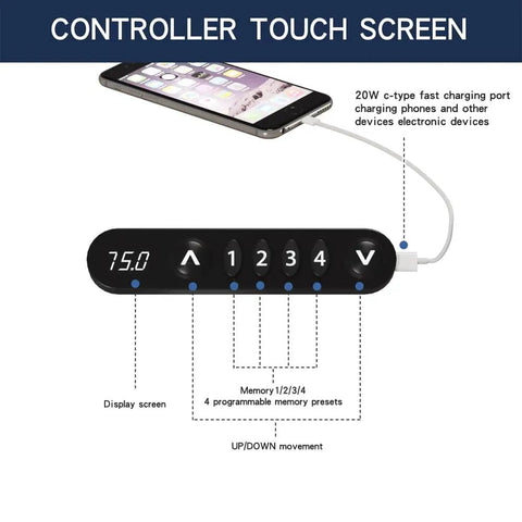 Controller touch screen for Rock Solid 48 By 24 Inch Electric Height Adjustable Standing Desk with fast charging port.