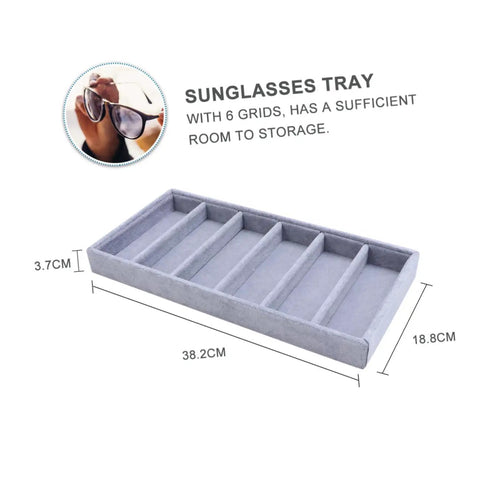 Straight Up Neat And Quick To Organize With This Six Grid Sunglasses Tray crafted from soft fabric, grey, with six compartments.