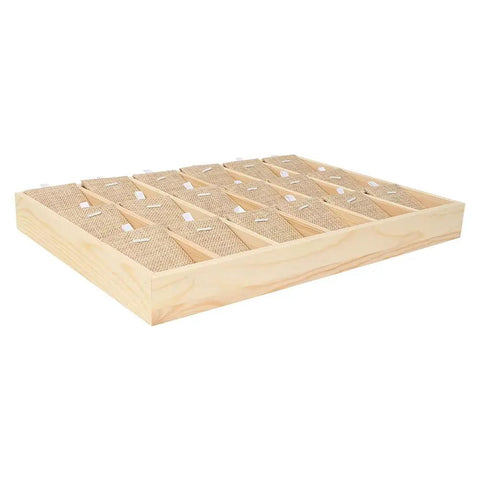 Top Tier Solid Pine Wooden Jewelry Display Tray With 18 Grid Slots And Ultra Plush Velvet Lining For Necklaces Bangles Rings side view with slots.