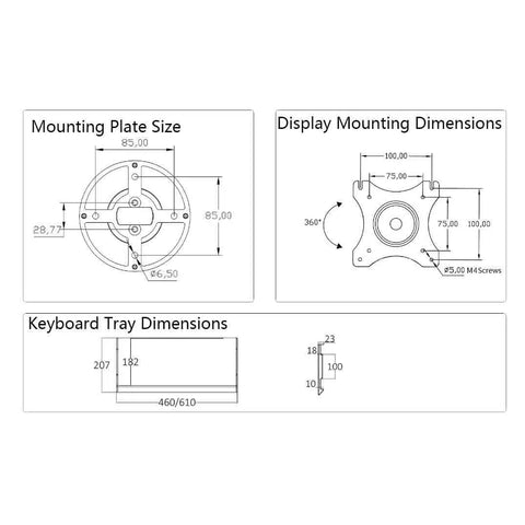 Diagram showing dimensions for Dual Monitor Arm Featuring Air Pressure Height Adjustment And Industrial Grade Desk Clamp Mount.