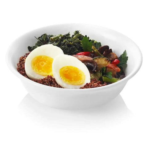 Straight Up Chip Resistant Round Soup Bowls Set Of Six Lightweight Glass Dinnerware In Crisp Winter White Finish Heavy Duty Stackables with quinoa and vegetables.