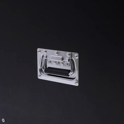 Detail of the handle on the 12U Heavy Duty Portable AV Rack With Smooth Operator Rolling Locking Casters And Badass Metal Cabinet.