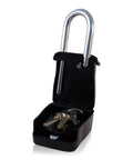 Combo Realtor Lockbox 12 Pack With Easy 4 Digit Code Reset and high capacity key tray holding keys, mounted on pipe.