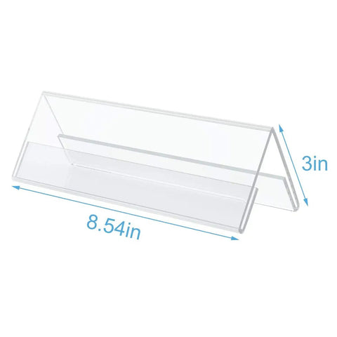 Clear Acrylic Desk Name Plates Pack Of 12, 3x8.5 Inch Tent Style Name Plate Holder shown with measurements