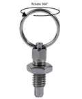Solid As A Rock 4 Piece Stainless Steel Indexing Plunger Pins With Spring Loaded Knobs For Precision Positioning Heavy Duty furniture assembly shown from the front with a 360-degree rotating ring.