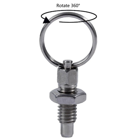 Solid As A Rock 4 Piece Stainless Steel Indexing Plunger Pins With Spring Loaded Knobs For Precision Positioning Heavy Duty furniture assembly shown from the front with a 360-degree rotating ring.