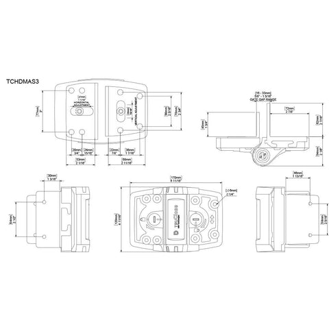 Technical drawing of TruClose Multi Adjust Tough Built To Last Gate Hinges For Self Closing Wood And Vinyl Gates Up To 132 Pounds 3 Way Adjustable