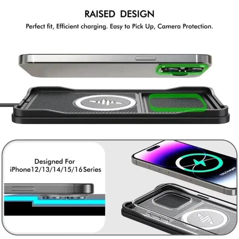 Road Ready Wireless Charging Pad With Quick Snap Fit Setup For Gmc Acadia And Hummer Ev Suv Center Console side angle showing raised design.