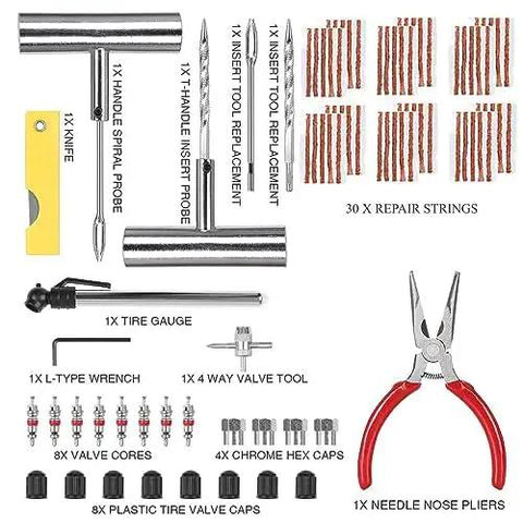 Knuckle Tough Roadside Flat Tire Repair Kit 61 Piece Set with tools like pliers, repair strings, and a tire gauge for quick fixes.