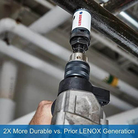 LENOX 2-inch hole saw with arbor, Speed Slot, mounted on a drill; metal body with black collar and white label