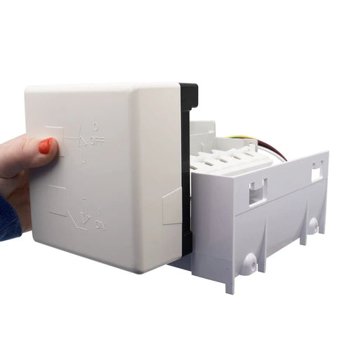 Hand holding Refrigerator Ice Maker Assembly Replacement W10251076 W10122576 Model Specific Not Universal Fits Side By Side Refrigerators 120V