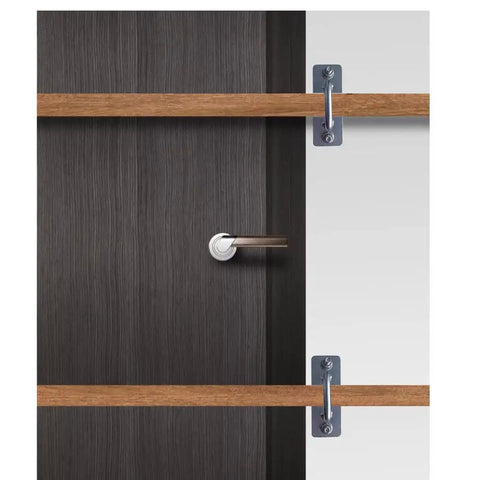 2Pack Heavy Duty Steel Door Security Bar Holders Locking Brackets Barricade With 500lb Load Rating securing wood bar on a dark door.