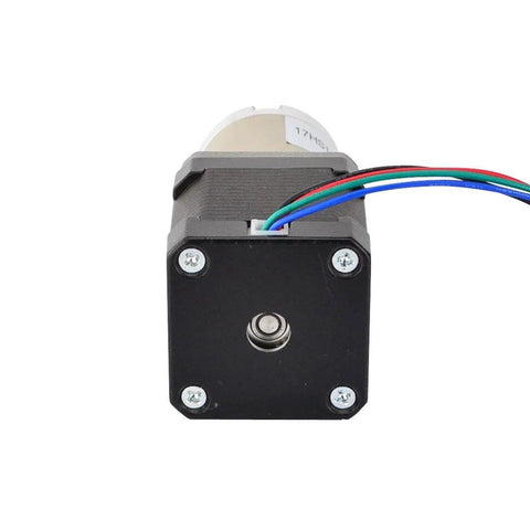 NEMA 17 stepper motor with 100:1 planetary gearbox; black mounting plate, four colored wires.