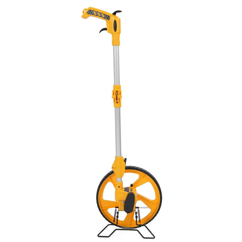 LXMJNCJP Measuring Wheel Double Folding Accurate 0-9999.9m Portable Distance Measuring Wheel for Work Projects in yellow and silver.