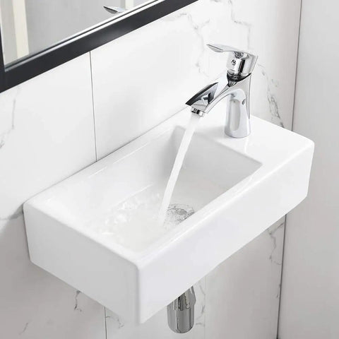 Corner Vessel Sink Kit With Faucet and Drain 18x10 Inch Small White Porcelain Wall Mount Vanity Sink Space Saving Rectangular