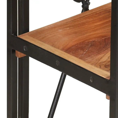 Close-up of 3 Tier Industrial Bookcase With Solid Acacia Wood And Black Steel Frame For Small Spaces, showcasing wood grain detail.