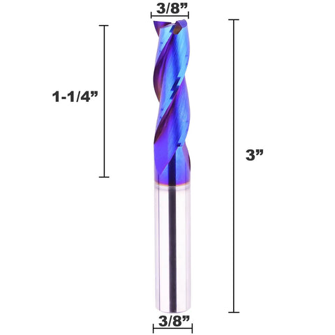 Three Eighths Inch Shank Spiral CNC Router Bit Solid Carbide End Mill Three Flute Up Cut Blue Coated For Grooving Slots