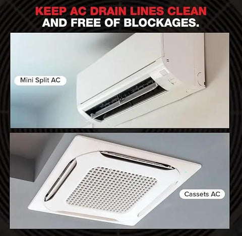 Mini Split AC and Cassettes AC units displayed to emphasize keeping AC drain lines clear of blockages with Thirty Pack Of 16 Gram Unthreaded CO2 Blasters To Kick Nasty Buildup Out Of Ac And Hvac Condensate Lines Quick With The Heavy Duty Gallo Cleaning Kit.