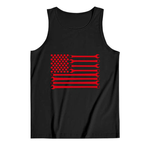 Mens Straight Fire Cotton Tank Top With Bold American Flag And Mechanic Wrench Graphic Breathable Sleeveless Summer Gym Shirt Soft Muscle Tee For Active Hustlers And Fitness Fans Daily on a black background.