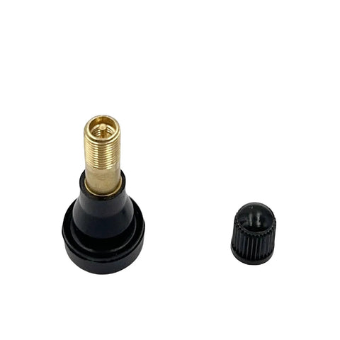 TR600HP high-pressure tire valve stem; brass threaded core with black tubeless snap-in base and cap